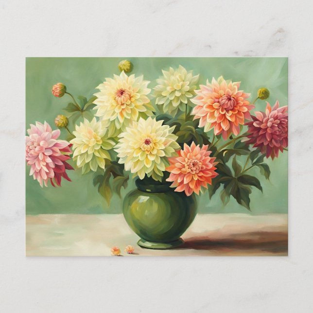 Cartão Postal Ilustração de Buquê de Flores Dahlia (Frente)