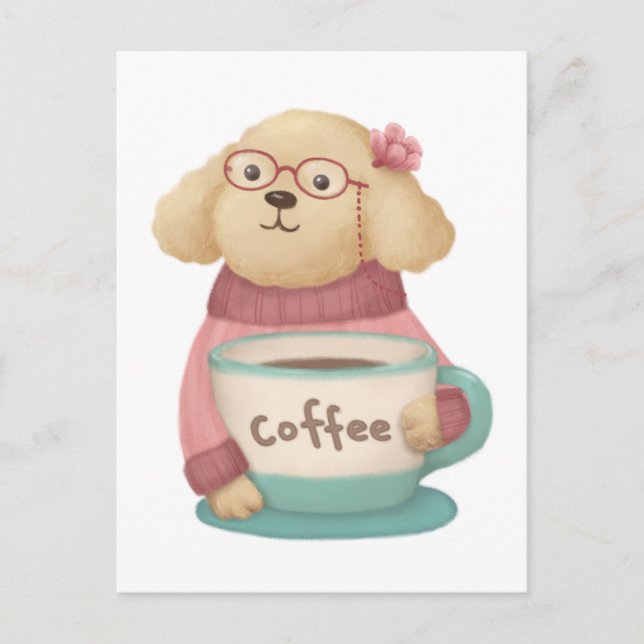 Cartão Postal Ilustração de Cachorro e Café (Frente)