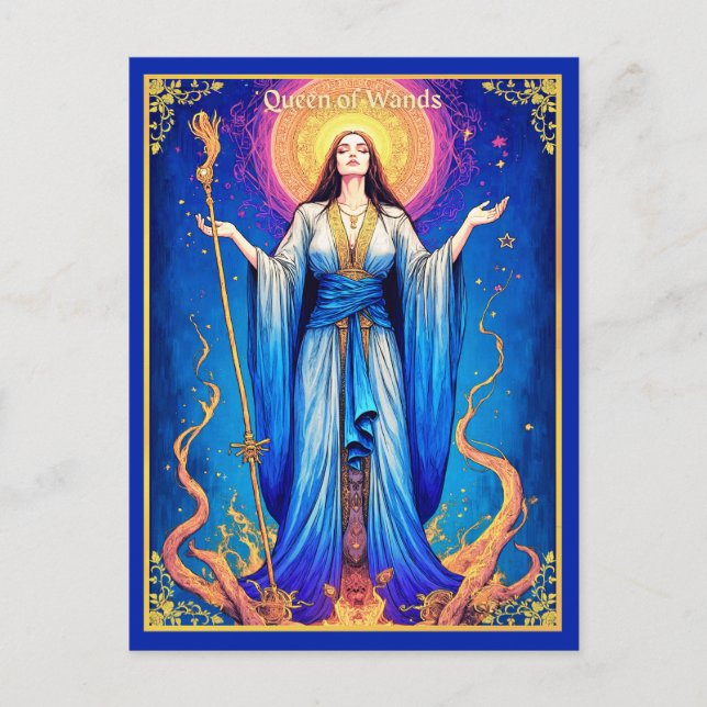 Cartão Postal Ilustração de Carta de Tarot, Rainha de Varinhas (Frente)