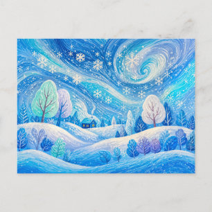 Cartão Postal Ilustração de casa de inverno em nevasca giratória