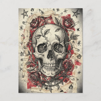 Cartão Postal Ilustração de Caveira e Rosas do Grunge Punk