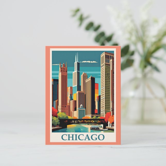 Cartão Postal Ilustração de Chicago Vintage (Em pé/Frente)