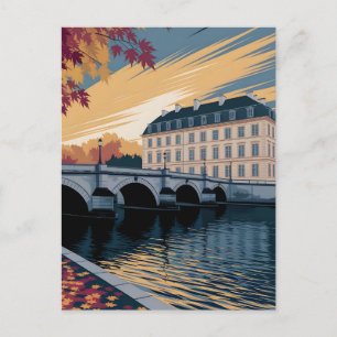 Cartão Postal Ilustração de Cidade Europeia Ribeirinha de Outono