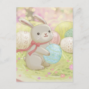 Cartão Postal Ilustração de Coelhinhos e Ovos de Páscoa