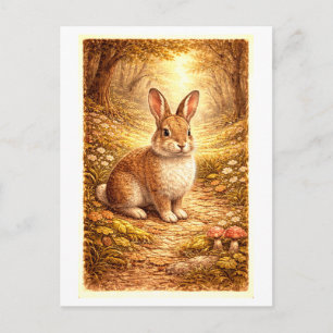 Cartão Postal Ilustração de Coelho em Floresta ao Estilo Vintage