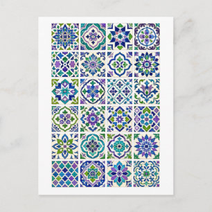 Cartão Postal Ilustração de Colagem de Azulejos Marroquinos Verd