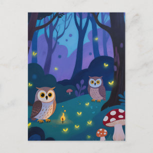 Cartão Postal Ilustração de Corujas da Floresta Noturna
