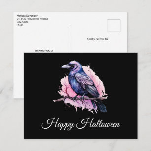 Cartão Postal Ilustração de Corvo Preto em um Galho de Halloween