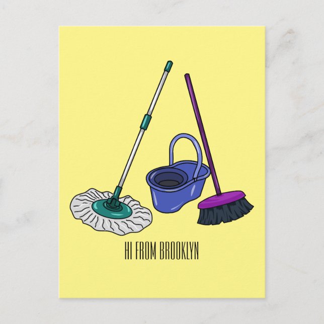 Cartão Postal Ilustração de desenho animado de Broom & mop (Frente)