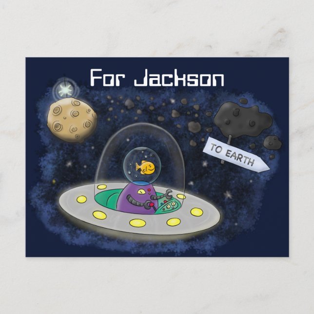 Cartão Postal Ilustração de desenho animado de navio no espaço d (Frente)