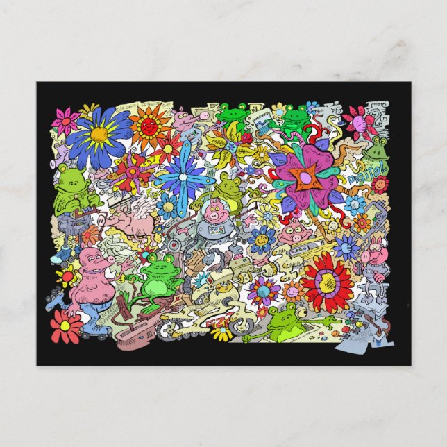 Cartão Postal Ilustração de desenho animado, de porcos, flores e (Frente)