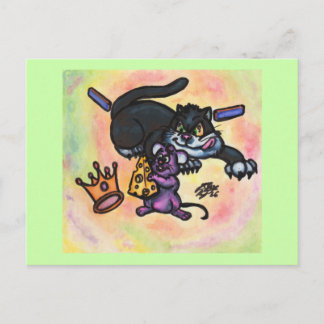 Cartão Postal Ilustração de Desenho Animado Gato Rato Queijo Cor