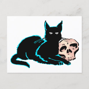 Cartão Postal Ilustração de Dia das Bruxas de Gato e Crânio