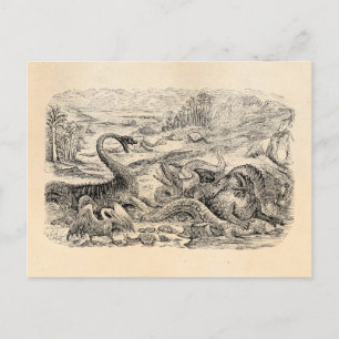 Cartão Postal Ilustração de Dinossauros Antiga do Século 1800 - 