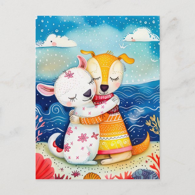 Cartão Postal Ilustração de dois cachorros brincando na praia (Frente)