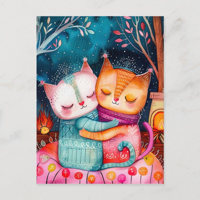 Cartão Postal Ilustração de dois gatos abraçando em um cenário c (Frente)