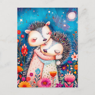 Cartão Postal Ilustração de dois Hedgehogs Hugging à noite