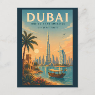 Cartão Postal Ilustração de Dubai UAE Viagem Arte Vintage