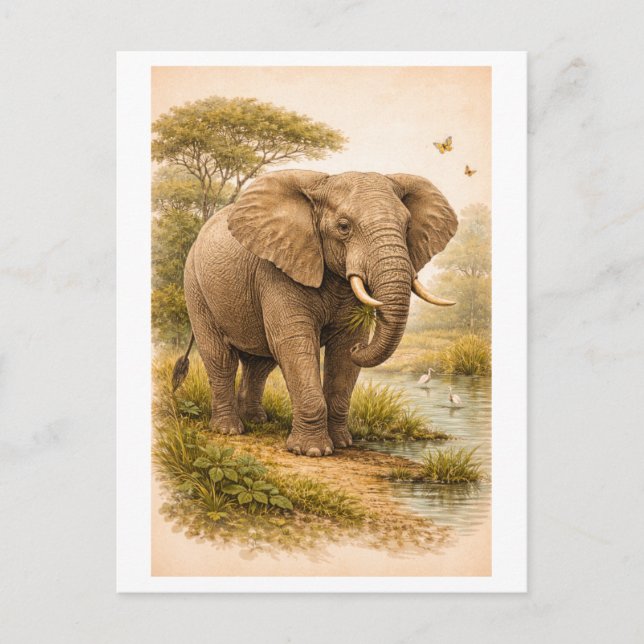 Cartão Postal Ilustração de Elefante em Estilo Vintage (Frente)
