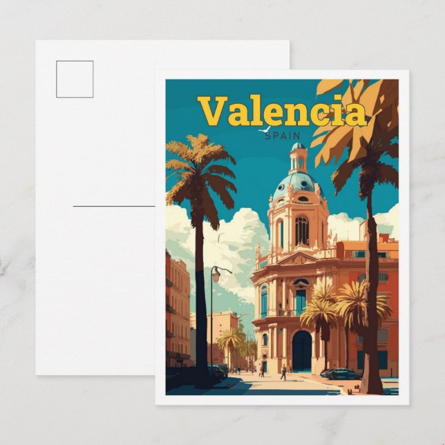 Cartão Postal Ilustração de Espanha de Viagem Valencia (Frente/Verso)