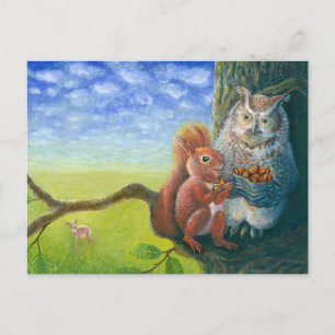 Cartão Postal Ilustração de Esquilo & Coruja Sábia com Avelãs