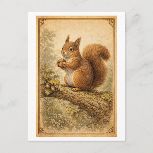 Cartão Postal Ilustração de Esquilo em Estilo Vintage (Frente)