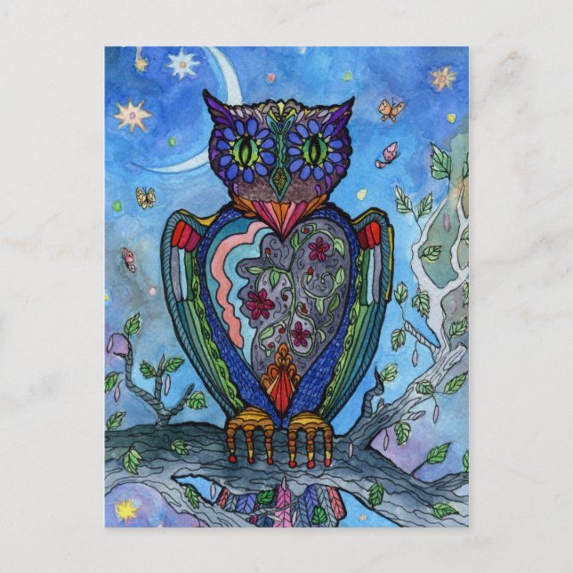Cartão Postal Ilustração de fantasia de Watercolor Owl. Fairytal (Frente)