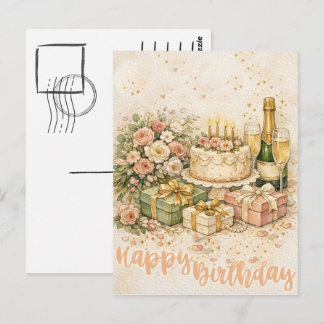 Cartão Postal Ilustração de Feliz Aniversário em Aquarela Elegan