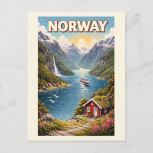 Cartão Postal Ilustração de Fiorde da Noruega Arte de Viagem Vin