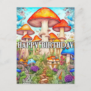 Cartão Postal Ilustração de Floresta de Cogumelos Exuberantes e 