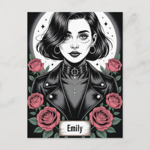 Cartão Postal Ilustração de Garota Grunge Gótica com Jaqueta de