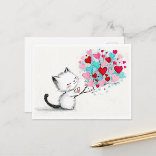Cartão Postal Ilustração de Gatinho Adorável com Corações