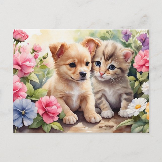 Cartão Postal Ilustração de gatinho e cachorrinho no jardim de f (Frente)