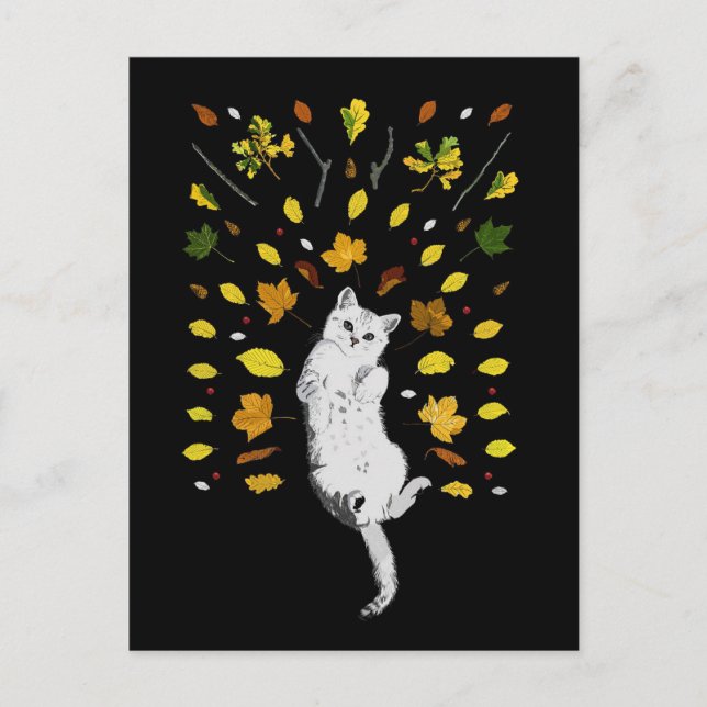 Cartão Postal Ilustração de gato branco com folhas de outono (Frente)