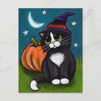 Cartão Postal Ilustração de Gato de Bruxas e Abóbora