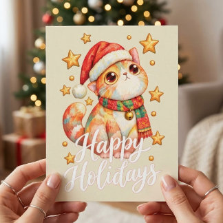 Cartão Postal Ilustração de Gato de Natal Fofo com Charme Festiv