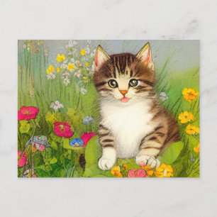 Cartão Postal Ilustração de Gato de Sorriso de Vintage