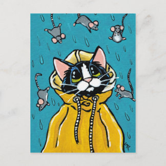 Cartão Postal Ilustração de Gato de Tuxedo Bonito e Mice Chovend
