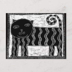 Cartão Postal Ilustração de Gato Preto e Branco Listrado