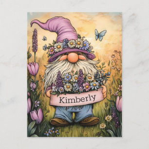 Cartão Postal Ilustração de Gnomo de Jardim com Faixa Personaliz