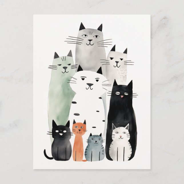Cartão Postal Ilustração de Gouache de Cats e Amigos (Frente)