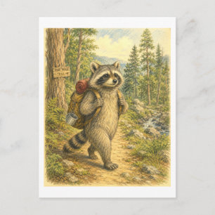 Cartão Postal Ilustração de Guaxinim Fazendo Trilha
