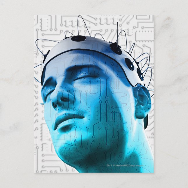 Cartão Postal Ilustração de homem vestindo boné de eletrodos (Frente)