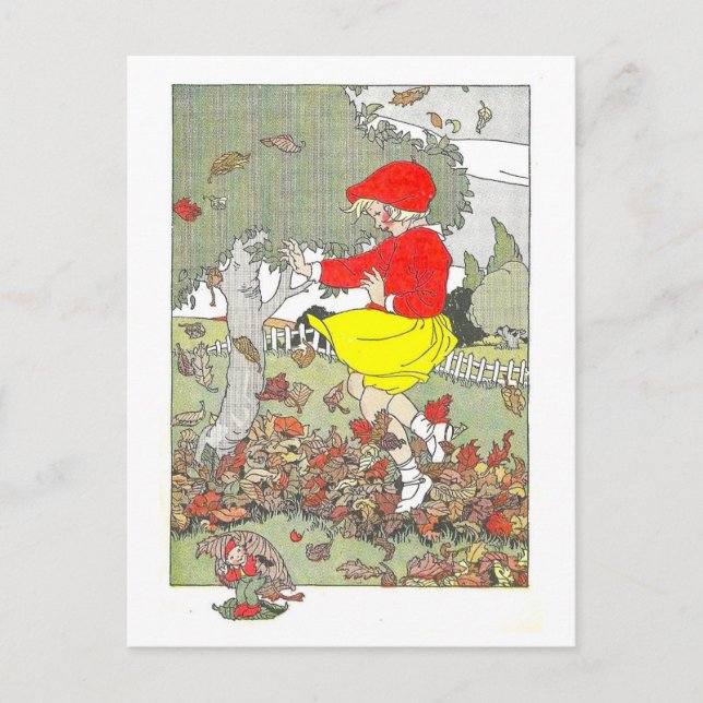 Cartão Postal Ilustração de "Jogando nas Folhas"/outono (Frente)