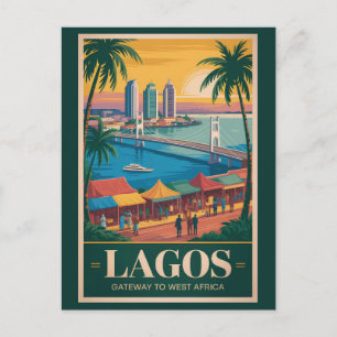 Cartão Postal Ilustração de Lagos Nigéria Viagem Arte Vintage