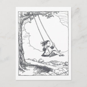 Cartão Postal Ilustração de Livro Antigo Menina Balançando