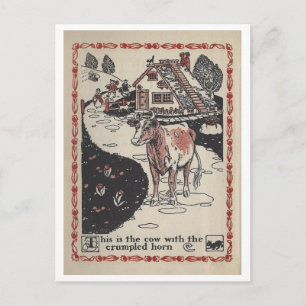 Cartão Postal Ilustração de Livro Antigo Vaca com Chifre Enrugad