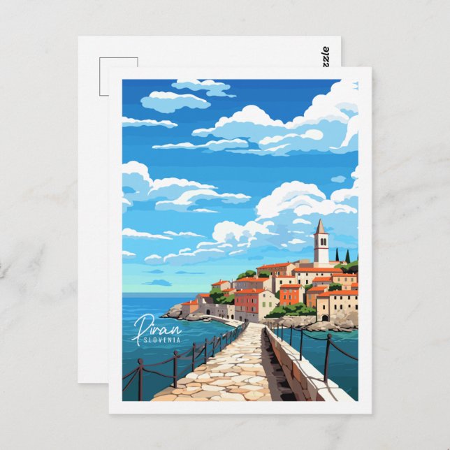 Cartão Postal Ilustração de local de viagem antiga Piran Eslovên (Frente/Verso)