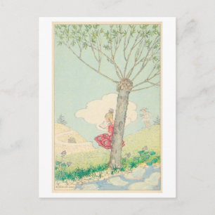 Cartão Postal Ilustração de Menina Antiga Lendo ao Pé de uma Árv