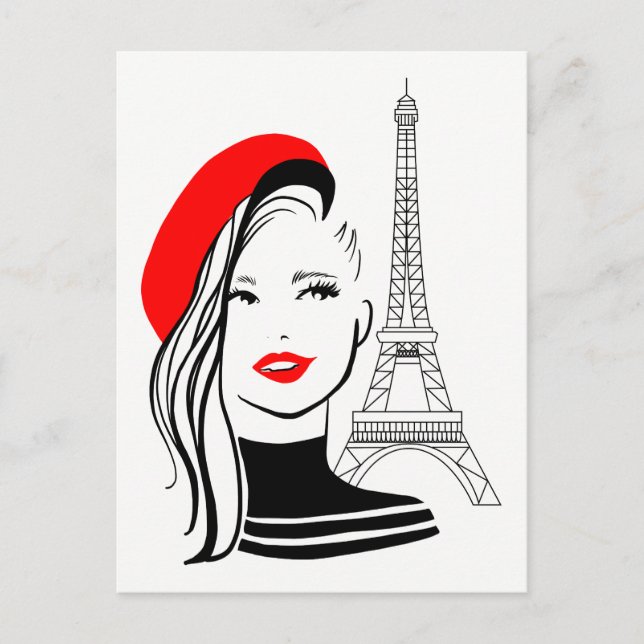 Cartão Postal Ilustração de moda mulher francesa com boina verme (Frente)